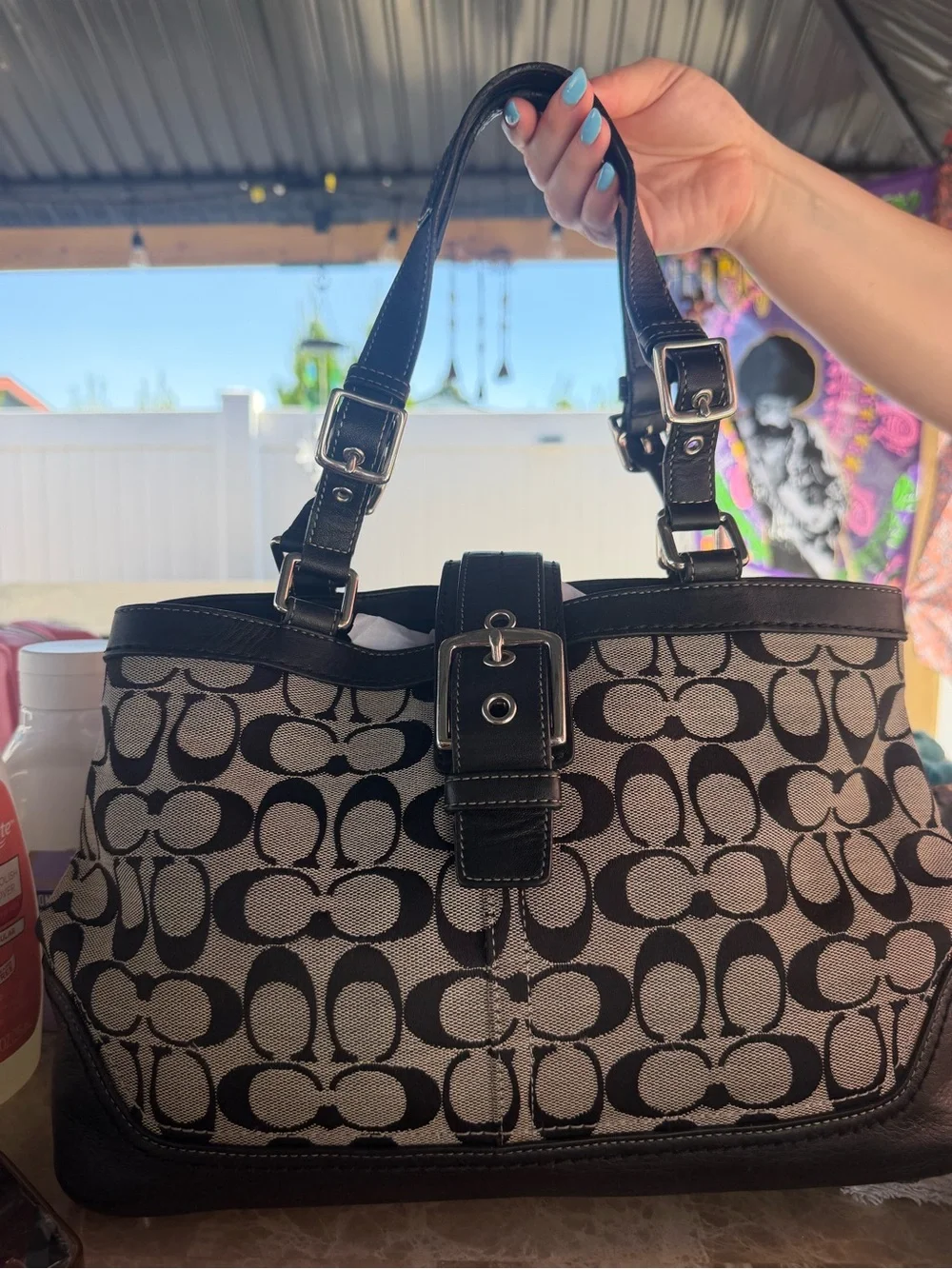 Coach Black and gray Signature Canvas Tote with Buckle Strap!